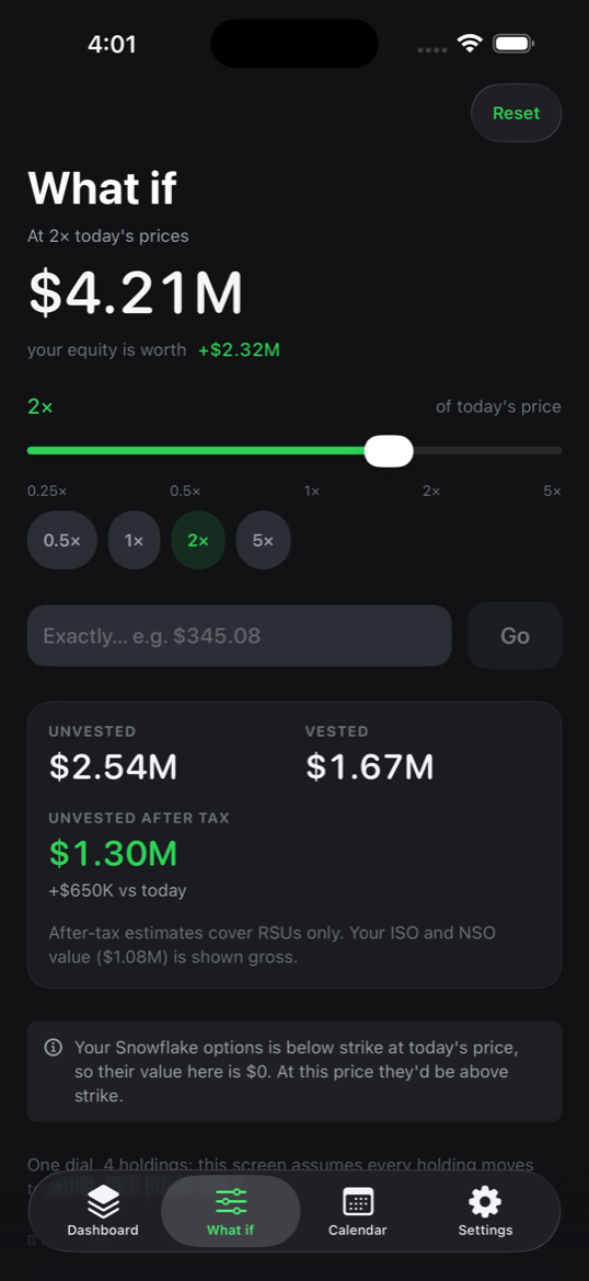 Vestfolio what-if simulator screen with a share-price slider