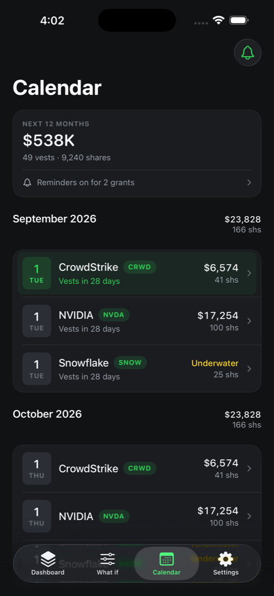 Vestfolio vesting calendar screen grouped by month